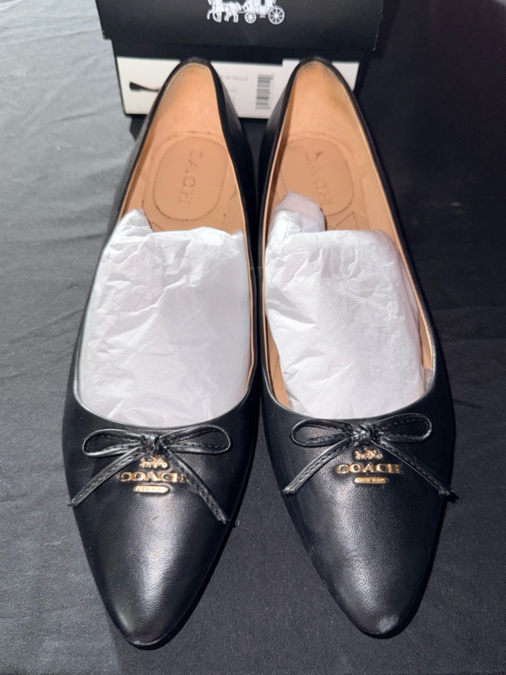 COACH Black Leather Pointed Toe Ballet Flats with Gold Logo